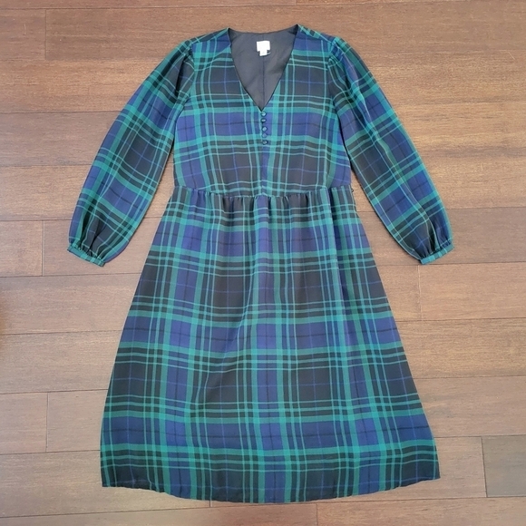 A New Day Green & Blue Tartan Plaid Long Sleeve V-Neck Midi Dress Women's Size S - Picture 7 of 13